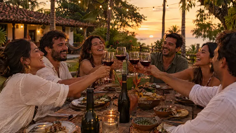 Amigos brindando con vino tinto en una finca al atardecer