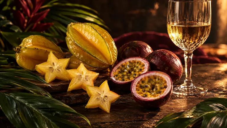 Carambola y maracuyá sobre una mesa de madera