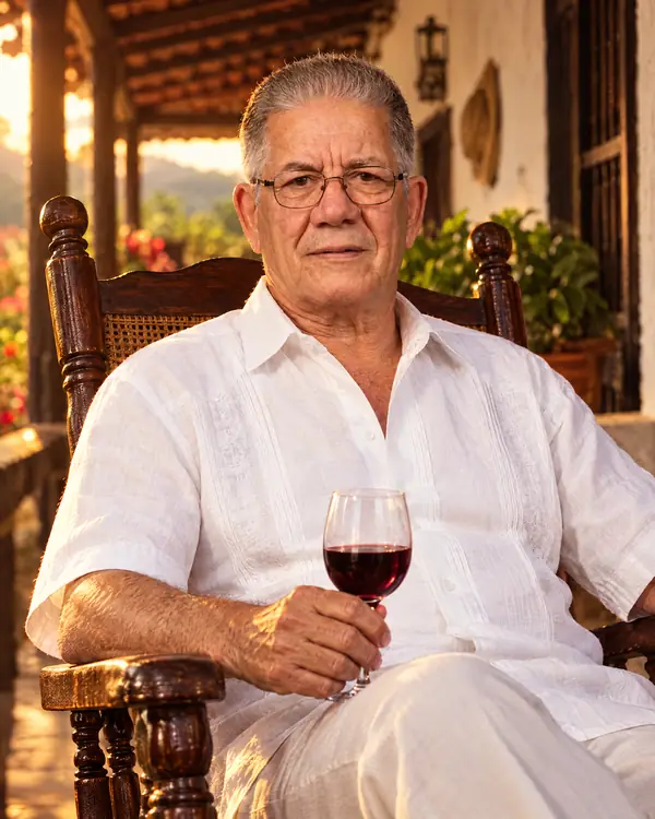 Don Fernando sentado en una mecedora en el corredor de su casa, con una copa de vino