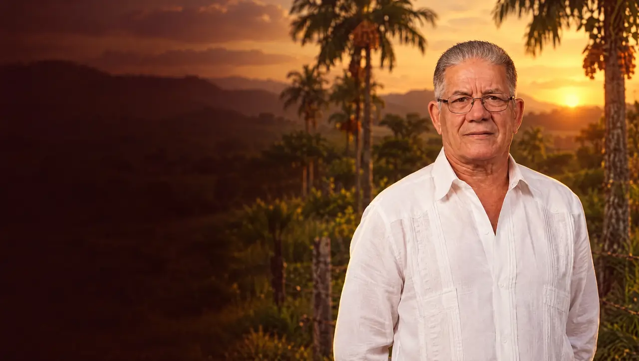 Don Fernando en su finca del Alto Sinú, entre palmas de corozo, al atardecer